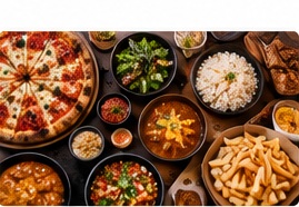A spread of takeaway dishes