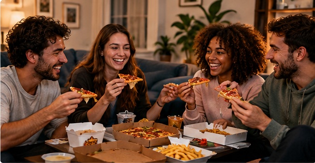 Friends sharing a takeaway at home